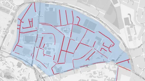 Gloucestershire County Council A map showing a number of roads in red, contained within a blue area. It is hard to make out the exact road names, but almost all of the roads within the area are marked in red.