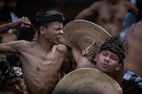 Robertus Pudyanto / Getty Images Balinese men take part in the traditional pandanus fighting ritual at Tenganan Pegringsingan village on June 23, 2022 in Bali, Indonesia.