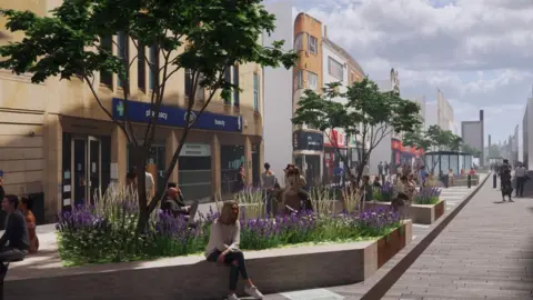 Artist's impression of the revamp of Northumberland Street. It includes raised planters filled with purple blooms, shrubs and low trees stretching down the lenght of the street, with shops to the side. People are sitting on the rim of them in the sunshine. 