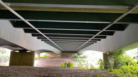 The underside of a bridge carrying a dual carriageway over a river with muddy banks