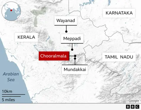 Map showing Mundakkai and Chooralmala areas in the hilly district of Wayanad