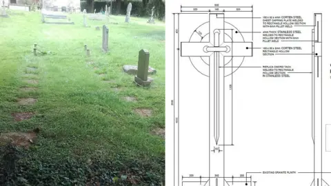 St Mary's Church Attenborough Site of graves today and schematic of new cross