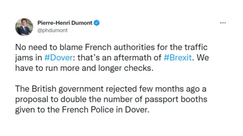 Pierre-Henri Dumont/Twitter Tweet from French MP Pierre-Henri Dumont on the delays at Calais