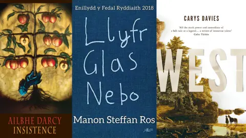 Literature Wales Three book covers, from left to right shortlisted: Insistence by Ailbhe Darcy, Llyfr Glas Nebo by Manon Steffan Ros and West by Carys Davies