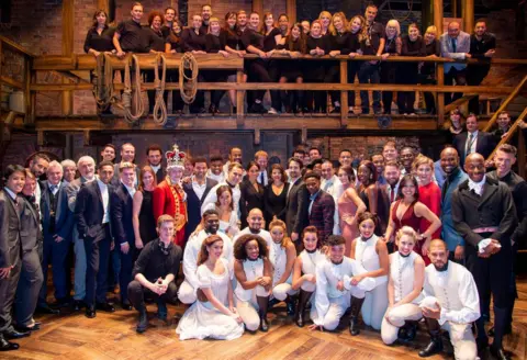 Getty Images Prince Harry and Meghan Markle with the cast of Hamilton