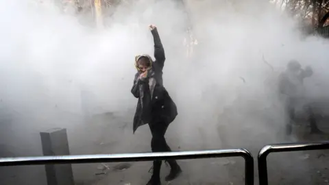 AFP A protester raises her fist amid the smoke of tear gas