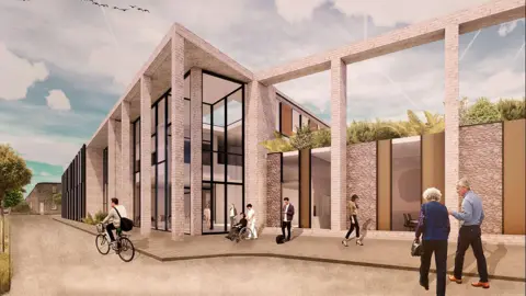 Northumbria Healthcare An artist's impression of how the new Berwick hospital would look. It shows a two-storey brick building with pillars, a lot of glass and a section with a roof garden.
