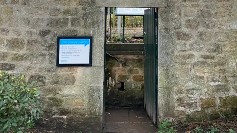 John Wimperis Stonewall entrance to the garden, showing a green wooden door that opens onto stairs that lead to the garden.