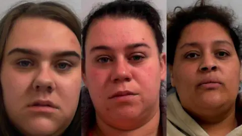 A composite image of three mugshots of women in their 20s and 30s. 