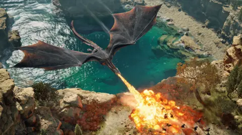 A computer gameplay image of a large black dragon breathing fire on soldiers, running away at the top of a cliff with lots of crystal clear blue water and rocks at the bottom of the cliff the dragon is flying over.