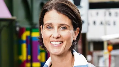 Heather Peace smiling on the EastEnders set in 2021