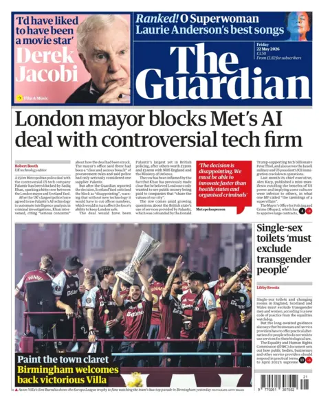 "London mayor blocks Met's AI deal with controversial tech firm," reads the headline on the front page of the Guardian. 