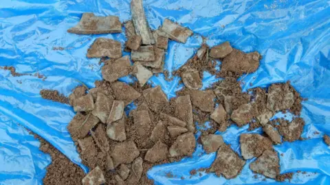 David Stuckey Pieces of jagged metal covered in earth are laid on a piece of blue plastic sheeting