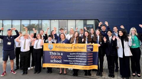 Felixstowe School teachers and pupils celebrating good Ofsted report