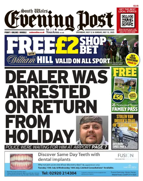 South Wales Evening Post South Wales Evening Post with the headline: "Dealer was arrested on return from holiday" with a picture in the bottom right-hand corner of a man with long dark hair looking at the camera
