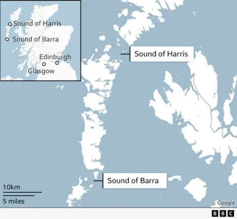A map showing Scotland and the locations of the Sound of Barra and Sound of Harris in the Western Isles.