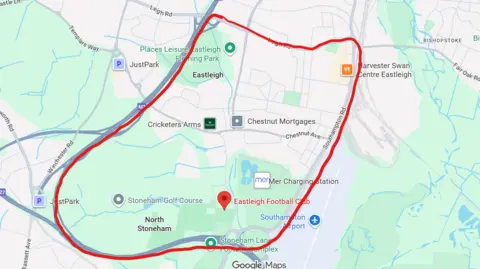 A red line drawn around the google maps image of Eastleigh. It highlights the area where the dispersal order is in place.