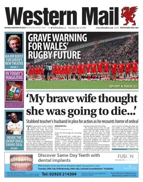Western Mail Front page of the Western Mail. Main headline reads: 'My brave wife thought she was going to die': stabbed teacher's husband in plea for action as he recounts horror of ordeal. Other headlines read: Inside the Snoop Dogg Swans deal and Major boost for Sheen's new theatre. 