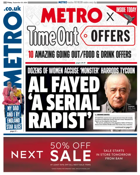 "Al Fayed 'a serial rapist'" headlines the Metro