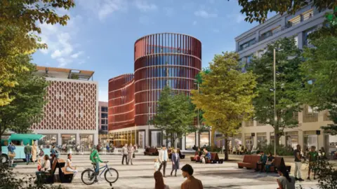 MUSE A CGI photo of a town centre redevelopment. There are building of different shapes and there are people walking through the space with families and bicycles 