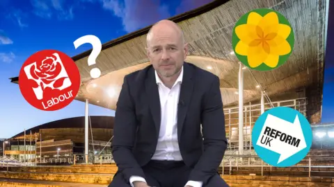 Gareth Lewis sitting in from of the Senedd foyer with graphics of the Reform, Plaid and Labour parties surrounding him
