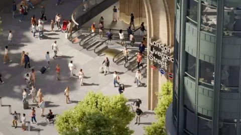 CGI of plans at London Liverpool Street station.