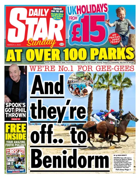  "And they're off...to Benidorm", alongside an image of a beach. 