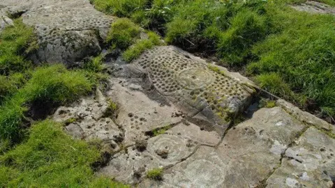 Jon Holland Mossy and overgrown rocks with engraved patterns, sports and swirls sitting in a bright grassy field.