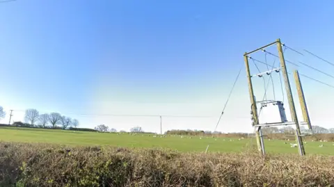 Google A green grass field with sheep surrounded by brown hedges. Power cables can be seen running across the field. The sky is blue with no clouds.
