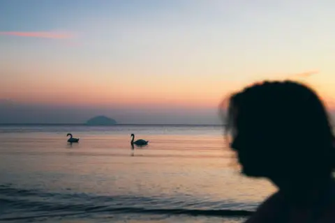 Amy Morton Silhouette of person in foreground with swans in the water in distance, against a sunset glow.