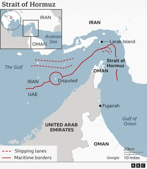 Map showing where the Strait of Hormuz is in the Gulf of Oman, a key route for global oil transport. The strait lies between Iran and the peninsula of the United Arab Emirates and Oman. The map also shows countries in the wider Middle East region including Saudi Arabia, Iraq, Jordan and Israel