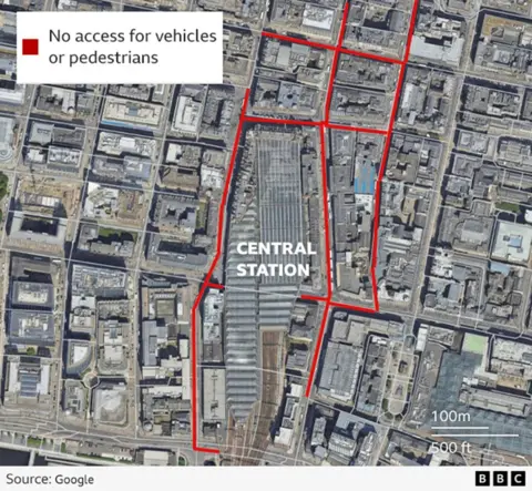 birdseye view of central station with the roads which are clsoed marked in red