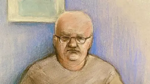 Elizabeth Cook/PA An artist's sketch of Steve Wright appearing at Ipswich Magistrates' Court