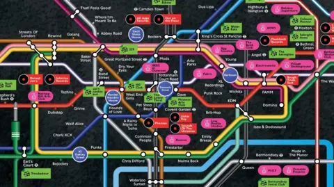 A map that resembles the London Underground map but shows London's music venues