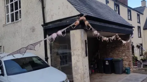 Louise Stevenson A number of bras across a doorway.