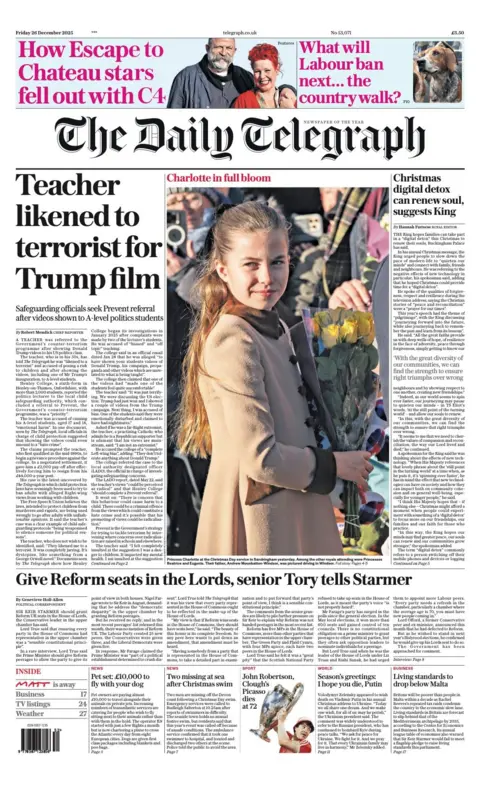 The main headline on the Daily Telegraph is "Teacher likened to terrorist for Trump film". 
