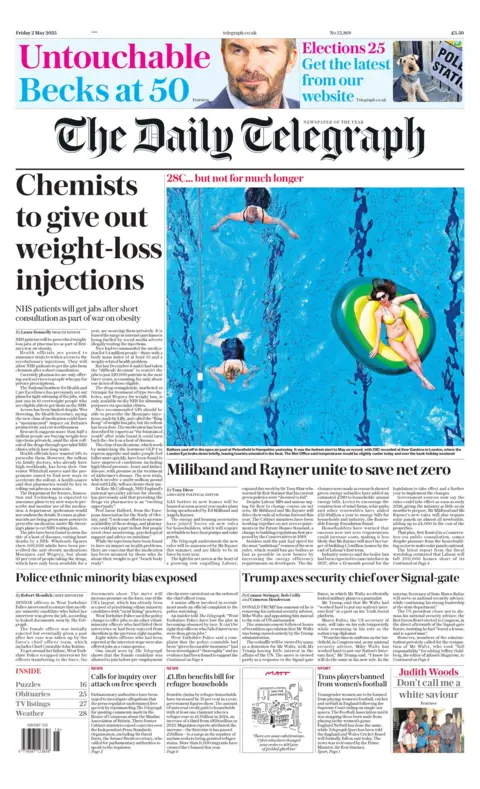The headline on the front page of The Daily Telegraph reads "chemists to give out weight-loss injections." 