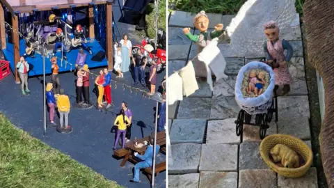 Jane High A composite image of two pictures of close up parts of Jane High's model village in her front garden. One the left is an outdoor music concert with small figures standing around, sitting on benches and performing on a stage. On the right is a woman hanging out washing on a small washing line and another woman walking nearby pushing a pram with two babies inside and a dog curled up in a tiny dog bed.
