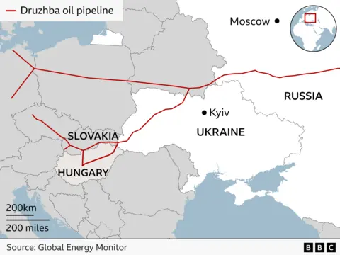 Map showing two strands of a pipeline from Russia into Europe in red. One strand goes through Hungary into Ukraine before connecting to another strand going into Russia.
