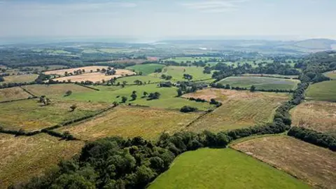 Countryside fields on the island from the air.