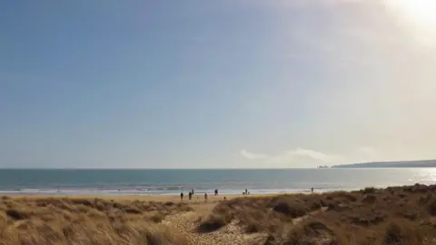 Robin Red Breast A sunny beach scene with figures in the distance and dunes in the foreground. The sea is blue, under blue skies with the sun blazing above.