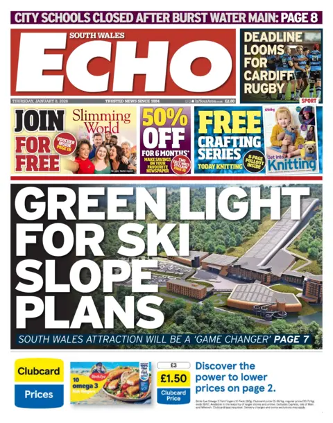 South Wales Echo Front page of South Wales Echo. The headline reads: Green light for ski slope plans, with an artist's impressions of the indoor ski slope. Other headlines read: Deadline looms for Cardiff rugby; city schools closed after burst water main. 