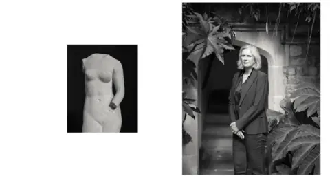 Alys Tomlinson Krina Zondervan stands in a stone doorway in a dark trouser suit, with large plants around her. A marble female torso is in a separate picture.