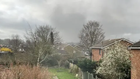 Clive Robinson Large smoke plume seen in the distance from a nearby garden. Grey soke filters across the entire skyline. Brick houses are in the background and a long grassy garden. 