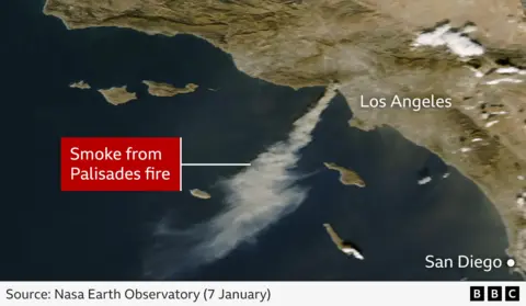 Smoke from the Palisades Fire was seen drifting out to sea off the California coast