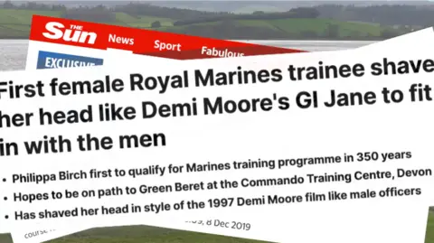 Screen grab of news paper headlines after Pippa Birch joined the Royal Marine training programme. One reads: Fiorst female Royal Marines trainee shaves her head like Demi Moore's GI Jane to fit in with men'.