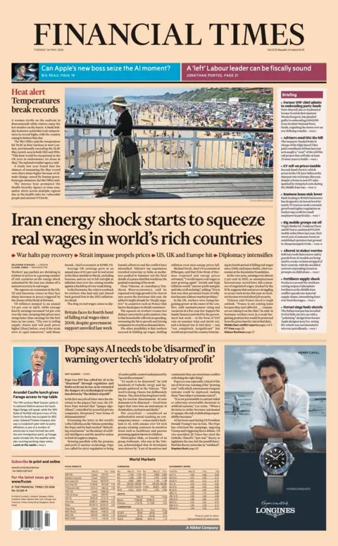 "Iran energy shock starts to squeeze real wages in world's rich countries" reads the headline on the front page of the Financial Times.