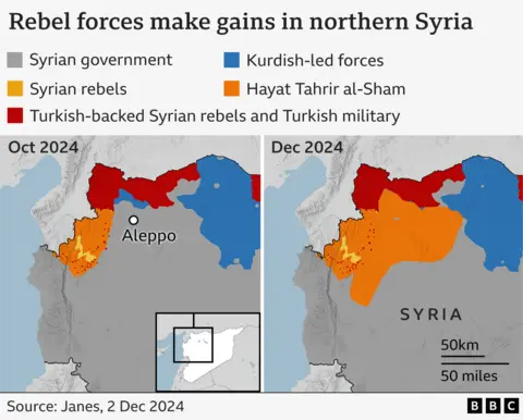 Two maps showing how the situation has changed in northern Syria between October and December. Shaded areas show which group is in control. The right hand map shows that the orange area for Hayat Tahrir al-Sham has expanded into the grey area of Syrian government.