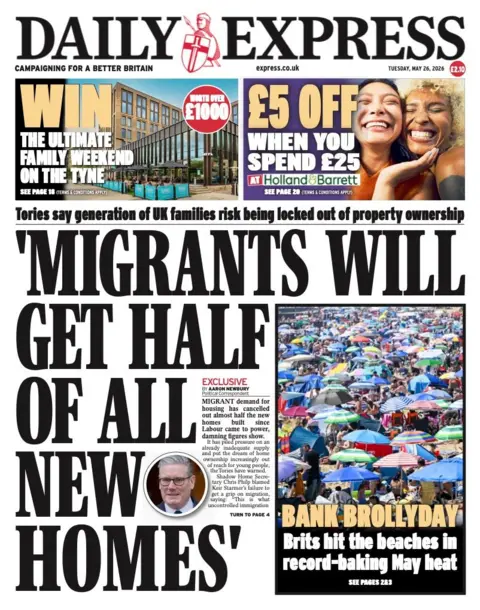 "Migrants will get half of all new homes" reads the headline on the front page of the Daily Express. 