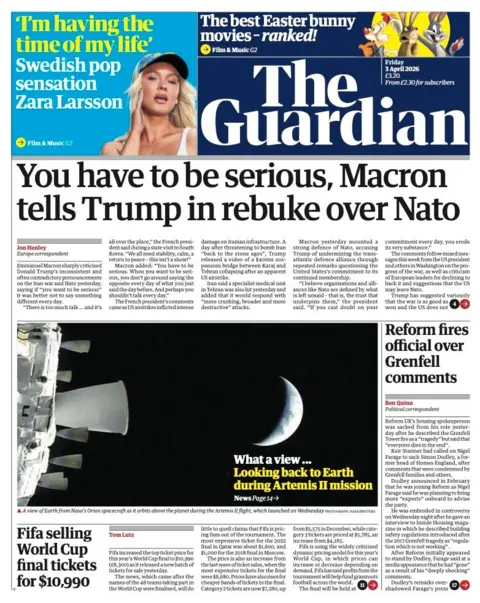 The headline on the front page of the Guardian reads: "You have to be serious, Macron tells Trump in rebuke over Nato."